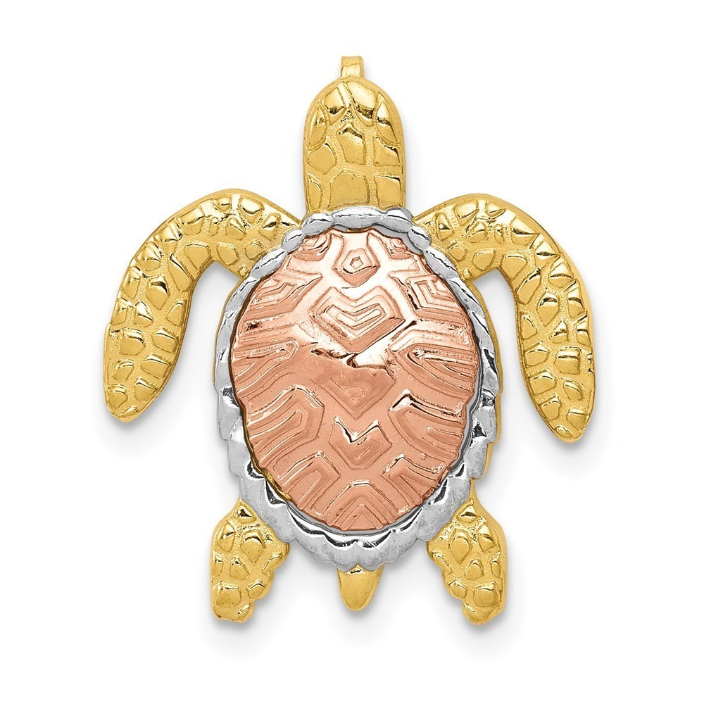 14k Yellow Gold Two-Tone w/ White Rhodium Turtle Necklace Charm Pendant Slide
